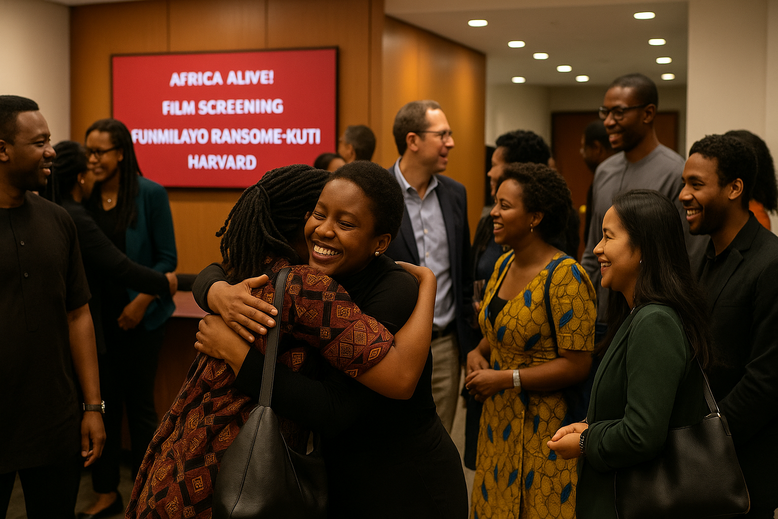 Audience hugging and mingling after the Funmilayo Ransome‑Kuti Harvard screening, sharing joyful embraces and conversations.
